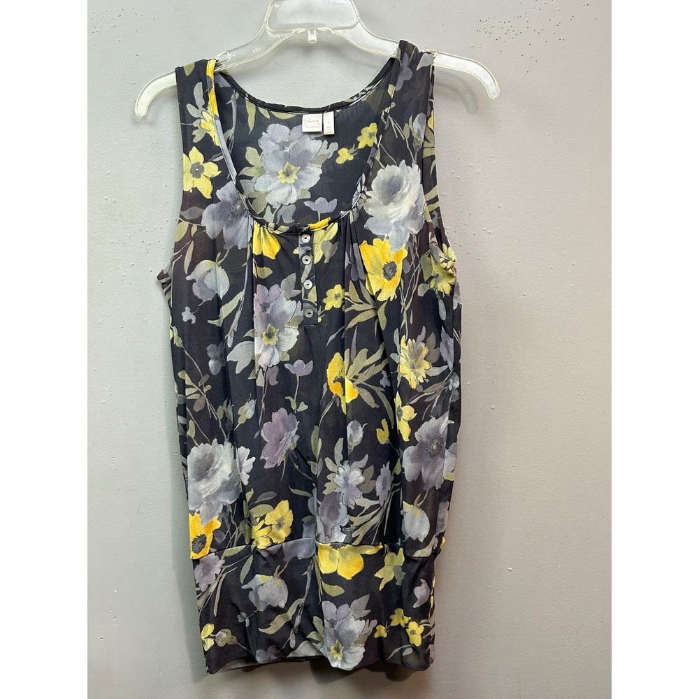 Johnny Heaven Top Women‎ L Grey Yellow Floral Mesh Blouson Sleeveless Scoop Neck